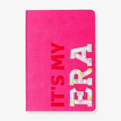 A5 pink notebook with pom poms