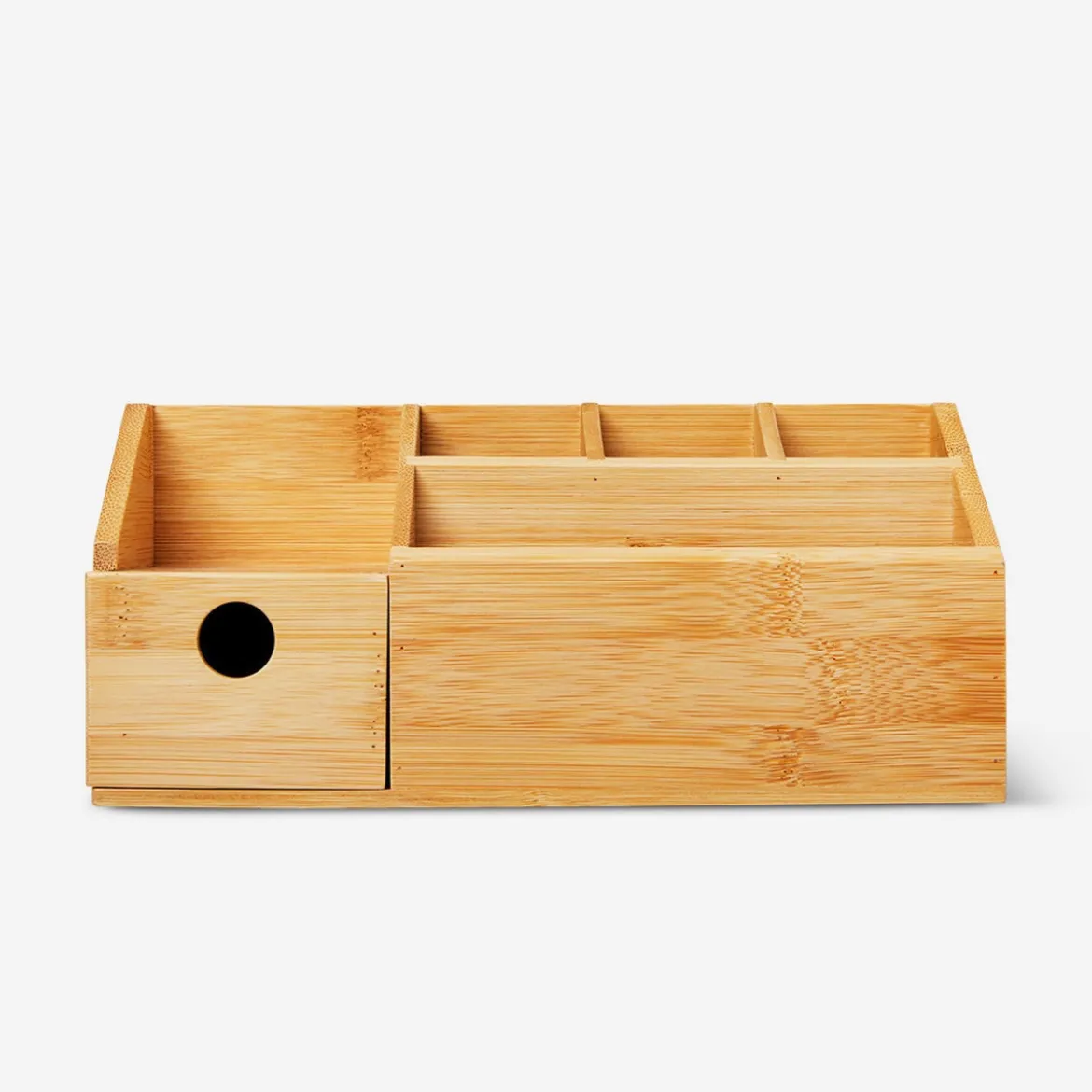 Bamboo cosmetic organiser with multi-size compartments and drawer