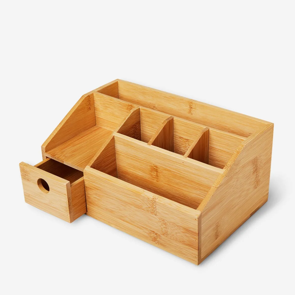 Bamboo cosmetic organiser with multi-size compartments and drawer