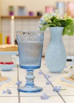 Blue wine glass with embossed flowers - 250 ml