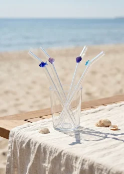 Glass straws with fish and seashell decorations - 4 pcs