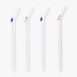 Glass straws with flower and cherry decorations - 4 pcs
