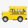 Pull back car as yellow schoolbus