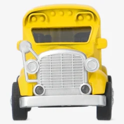 Pull back car as yellow schoolbus