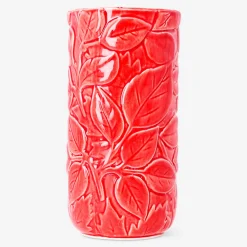 Red vase with embossed leaf design - 16 cm